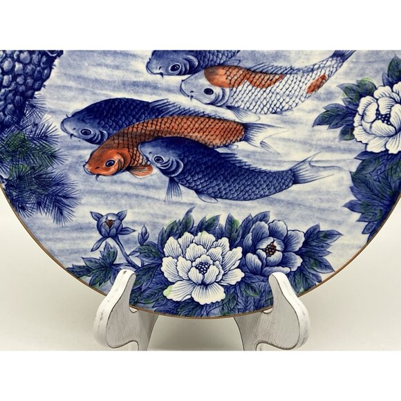 Japanese Vintage Koi Fish and Lotus Blue 12" Charger/Small Platter Collectible - Picture 7 of 14